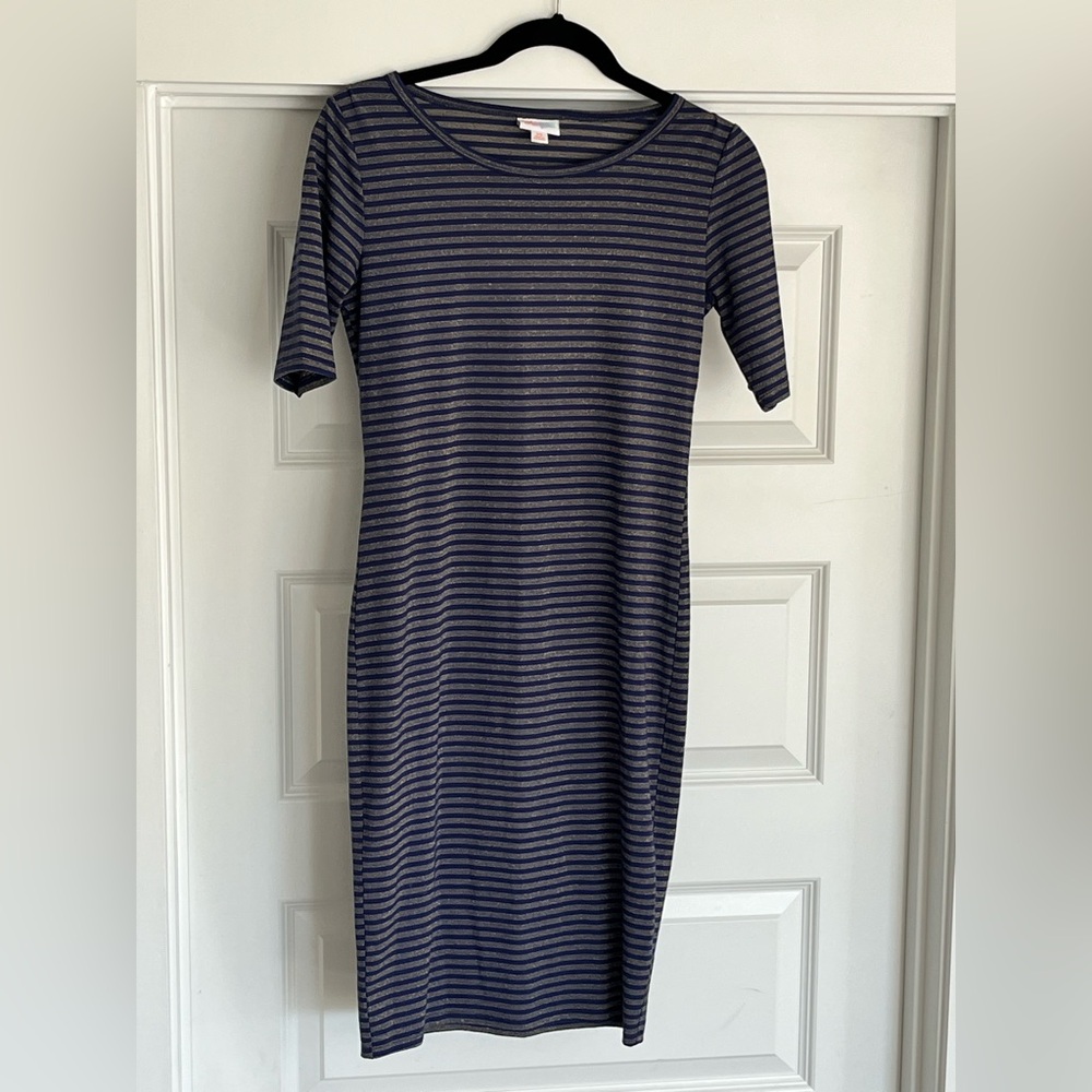 Navy and metallic gold striped LuLaRoe Julia